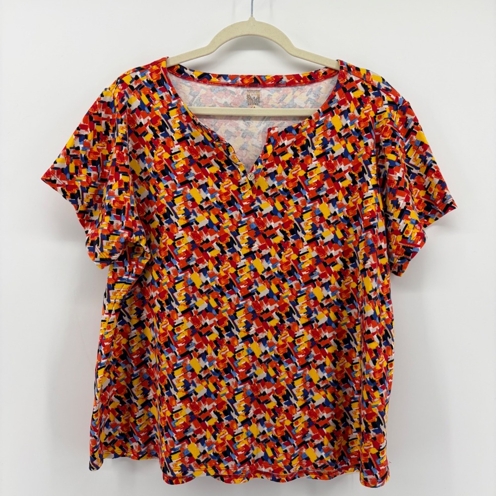 Anne Klein Sport Womens 2X Multicolor Mosaic Cotton Split Neck Short Sleeve Top